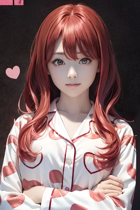 Rise to the top of the head、black backgrounds、White and pink heart print pajamas、front facing、an oil painting、​masterpiece、top-quality、front facing、hight resolution、(((Red hair)))、Black background、bobhair、(((White and pink heart print pajamas)))、femele１a p...