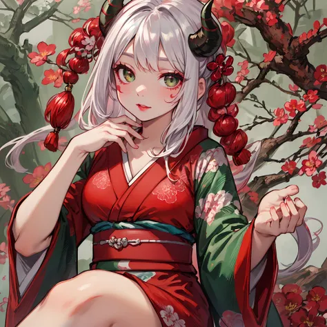 best quality, highly detailed beautiful face and eye, 1 girl, (loli, 8years old), kimono, (multicolored hair, (silver hair, red hair)), demon horns, light green eye, red lip, floral tattoo on face, earnest expression, Japanese ancient capital