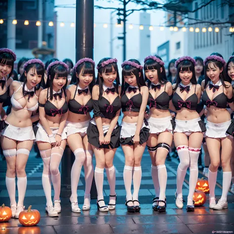 (((SFW, 11 Tiny Girls in a row:1.2, Shibuya Hachiko-mae scramble crossing on Halloween:1.2))), (masterpiece:1.2, best quality, photorealistic:1.37), {(Standing Full Body:1.2)|(from below:1.2)}, short silver hair, {School Uniform|naked bandage|tutu}, (Detai...