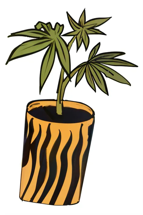 Theres a plant in a pot with a zebra stripe pattern, plantaa grande em vaso, plantaa em vaso, plantaas de vaso, plantaas que crescem sobre ele. guache, planta, erva, organic marijuana painting, folha de vaso, Houseplanta, com vasos de palmeiras, inspirado ...