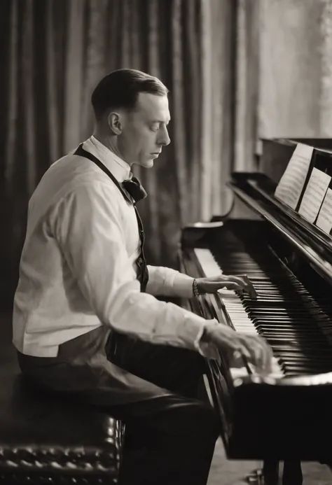 Rachmaninoff sits at the piano, Sits half-turned from the piano, Flipping through the notes with your left hand, His hand touches the lid of the piano, On the piano there is a staff with sheet music, He looks at the camera, Posing for Photography, with the...