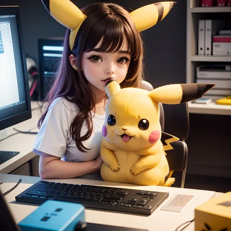 Pikachu do lado de uma menina trabalhando no computador