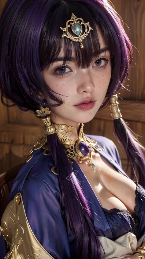 Best quality, masterpiece, big boobs, (large breasts), detailed skin texture, detailed cloth texture, detailed face, super detail, 8k, intricate detail, 1girl, purple hair, pretty lips