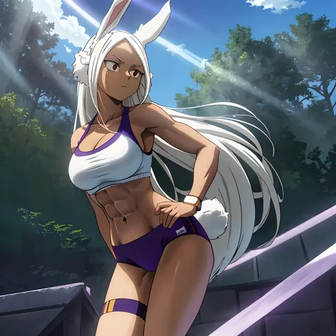 [Miruko; Boku no hiro academia], ((masterpiece)), ((HD)), ((high quality)), ((solo portrait)), ((side view)), ((anime)), ((Kohei Horikoshi)), ((detailed shading)), ((beautiful render art)),((cinematic lighting)), ((intricate details)), {Miruko; (dark skin)...