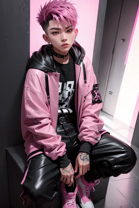 Kpop teen age boy with fade cut pink hair, cute face, irresistible,sit pose, poser, serious face, full half body show, tattoos, wears cool black mixed pink open jacket with long big sized shirt, long black pants with belt, paint background,