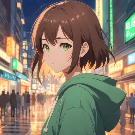 Girl with brown hair, tail,Brown-green eyes,Haunted hoodie,