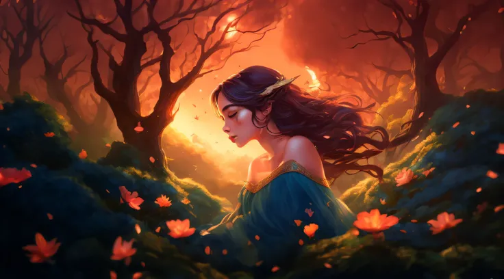 uma pintura de uma mulher em um vestido azul em uma floresta, Artgerm e Atey Ghailan, Charlie Bowater Cores Profundas Ricas, estilo de arte charlie bowater, estilo de arte de fantasia, Deusa do outono, retrato bonito da arte da fantasia, Alice X. Zhang, re...