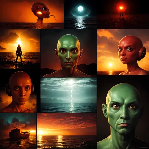 Portrait of an alien creature,tipo viscoso,tamanho grande,paisagem da praia,sea of alien green water,Three bright eyes,Gelotinous tentacles,pele escamosa colorida,red skies,retrato,horror,artistas conceituais,vivid colors,foco nítido,studio lighting