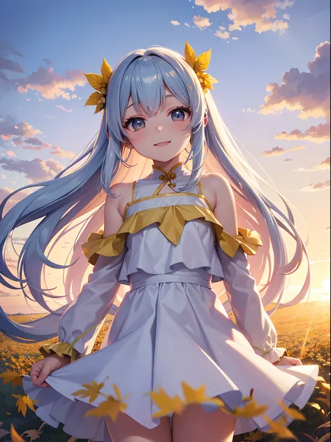 Sunset landscape　Adorable beautiful girl、Light blue long hair、Twin-tailed、A charming smile、A delightful!　White and yellow dresses、Flower Fairy、the wind、Sunset、Vast autumn foliage background(a picture)、Falling leaves flutter(Some photos)