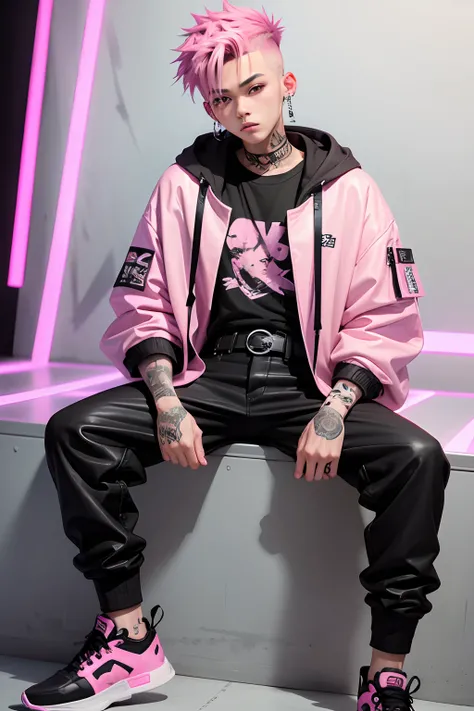 Kpop teen age boy with fade cut pink hair, cute face, irresistible,sit pose, poser, serious face, full half body show, tattoos, wears cool black mixed pink open jacket with long big sized shirt, long black pants with belt, paint background,