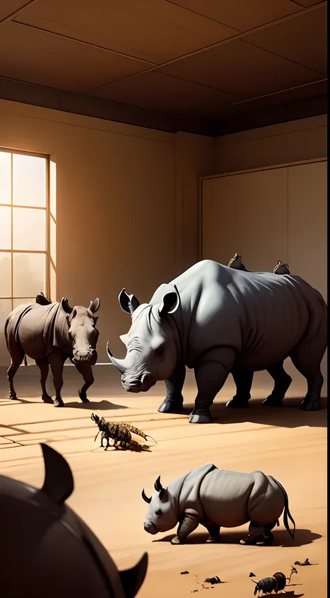 Prompt: A group of animals, including a rhinoceros, ants, and wasp bees, are gathered in a meeting. The rhino is talking about the need to leave Death Valley.