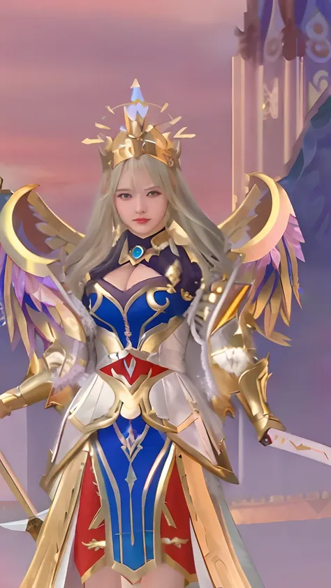 a close up of a woman in a dress with a sword, mystical atlantean valkyrie, seraphine ahri kda, aion, angelic golden armor, full - body majestic angel, mystical valkyrie, mercy ( overwatch ), inspired by Lan Ying, as a mystical valkyrie, a beautiful fantas...