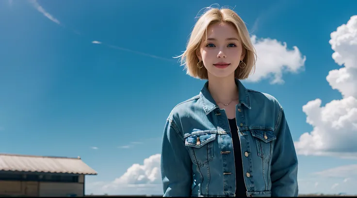 1girll, Solo, Android 18, Blonde hair, Blue eyes, Short hair, jewelry, Earrings, Smile, Jacket, Looks to the side, Denim, Denim jacket, Upper body, Lingerie, Closed mouth, Cloud, sky, day, looks away, Blue sky, 鎖骨,