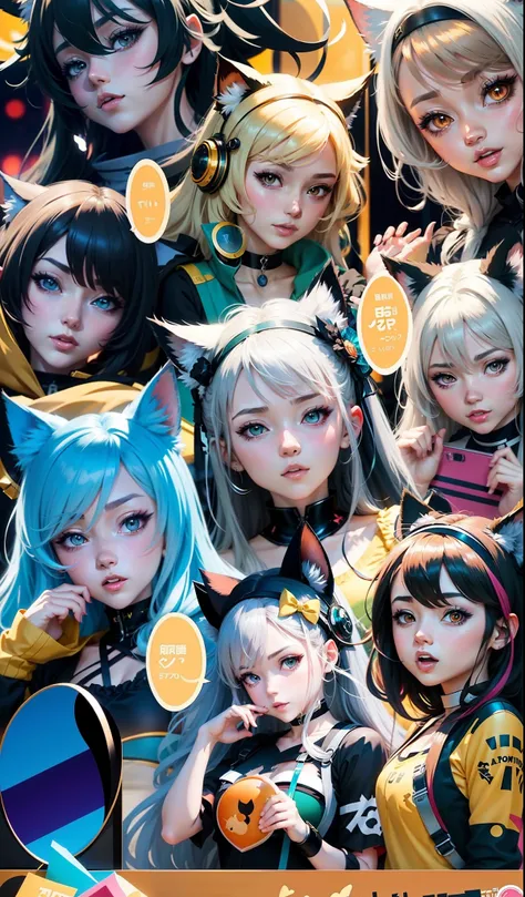 a close up of a bunch of anime characters cat ear with gray hair and brown ayes, vocaloid, pixiv style, pixiv, ██full of expressions██, cute art style, digital art on pixiv, macross delta splash art, cute cyber gods, trending on pixiv, digital anime art!!,...