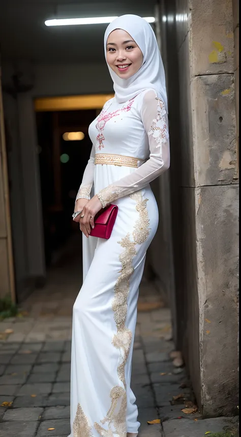 1 malay woman, very long white hair,((wear white baju kebaya )),(Small buttocks), small ass, Smaller chest, laughing smile, de pele branca,big breasts thin waist, china street style street, Hyper-Realism, Cinematic lighting, depth of fields, From below, va...