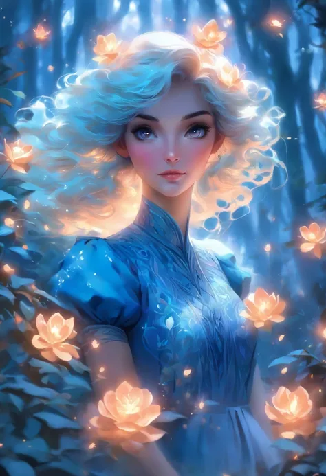 uma pintura de uma mulher em um vestido azul em uma floresta, olhando para frente com os olhos abertos e feliz, Artgerm e Atey Ghailan, Charlie Bowater Cores Profundas Ricas, estilo de arte charlie bowater, estilo de arte de fantasia, Deusa do outono, retr...