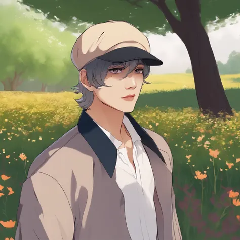 Anime - Street Style Scene with Kim Taehyung in a Field with Spring Trees