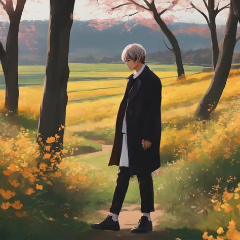 Anime - Street Style Scene with Kim Taehyung in a Field with Spring Trees