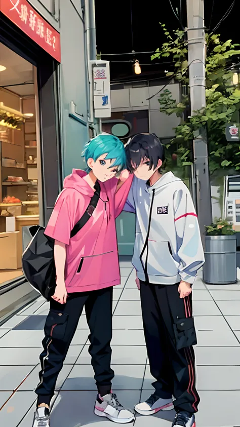 anime characters are standing on a sidewalk in front of a store, 2 d anime style, modern anime style, lofi artstyle, artwork in the style of guweiz, two anime handsome men, cute boys, anime art style, in anime style, anime style 4 k, anime style. 8k, anime...