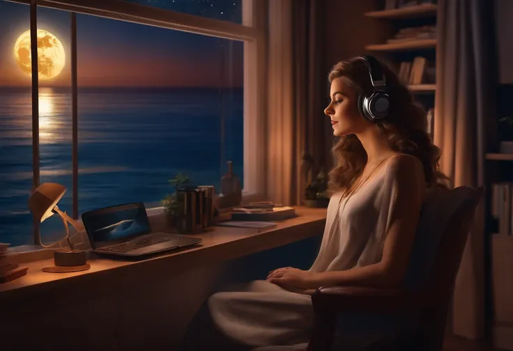 Create realistic image of a beautiful girl listening to music in her office next to her bedroom window during the night when there is moon and sea