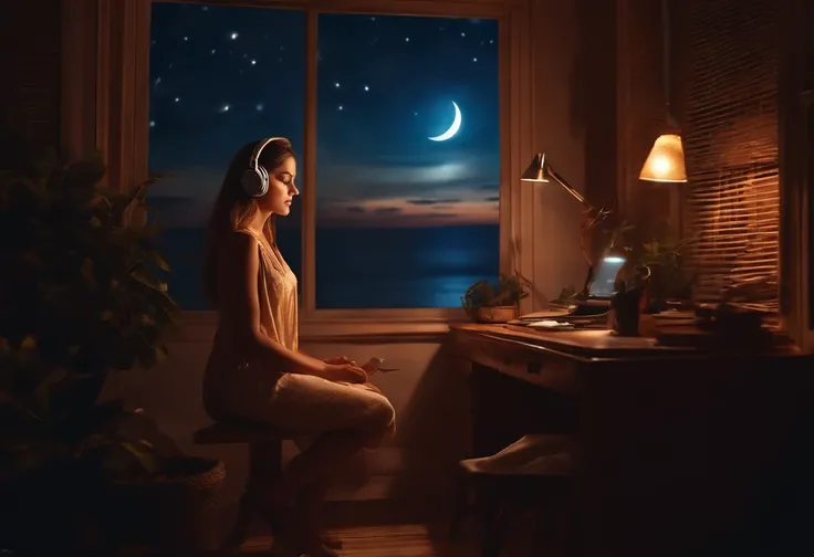 Create realistic image of a beautiful girl listening to music in her office next to her bedroom window during the night when there is moon and sea