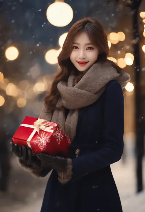 (A close-up of one girl is、I have long hair with dull bangs in a winter uniform and scarf coat:1.5)、(One girl with a shy smile、Holding a gift box with gloves in hand:1.5)、(Snowy winter night street corner with Christmas lights:1.5)、(Perfect Anatomy:1.3)、(N...