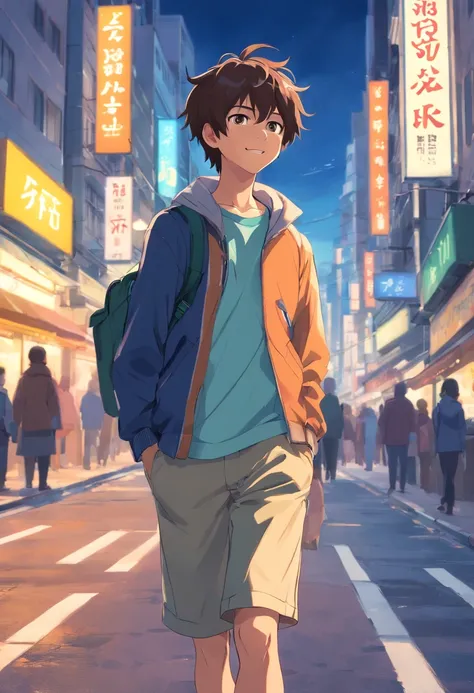 A boy, transformed into an anime style, with exaggerated unique facial features and clothing, standing on a bustling city street, backlit background highlighting the subject, high-contrast colors, 4K high-definition quality，young, smiling, handsome