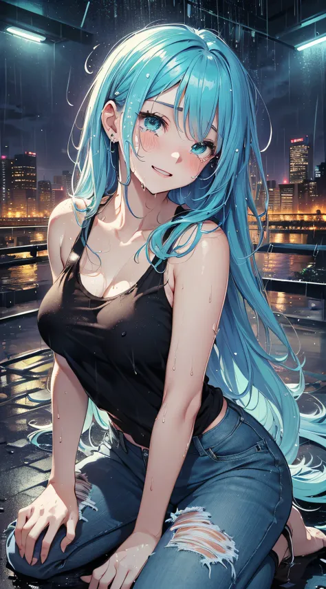 top-quality、Top image quality、​masterpiece、teens girl((sixteen years old,My whole body is full of wounds、Black tattered tank top,Tattered blue long pants、Best Bust、Bust 85、Light blue shiny hair、Longhaire,Blue-green eyes、open chest wide、Valley、Happiness、A s...