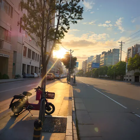 There is a bicycle parked on the side of the road, golden hour in beijing, summer morning, golden hour sunlight, morning golden hour, summer morning light, early morning, Early morning light, In the evening, early evening, late afternoon sun, Sol da Hora d...