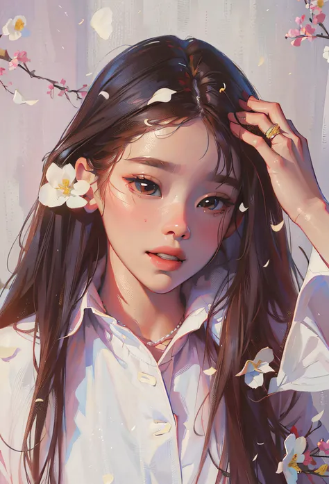 ((Best Quality, 8K, Masterpiece: 1.3)), best quality, ultra high res, (photorealistic:1.4),1girl,iu, Lee Ji-eun, arms behind back, colorful, clear sharp focus, soft lights, Intricate details, perfect face, smiling, there is a woman with long hair and flowe...