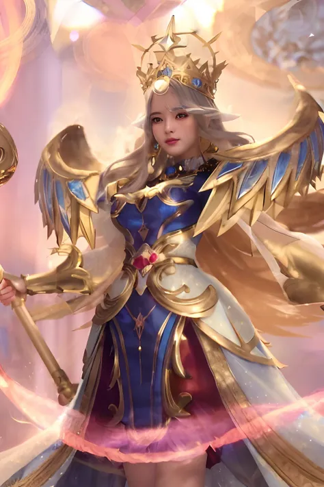 a woman in a blue dress holding a sword and a golden crown, portrait knights of zodiac girl, mystical valkyrie, mystical atlantean valkyrie, angelic golden armor, a beautiful fantasy empress, as a mystical valkyrie, beautiful celestial mage, angel knight g...