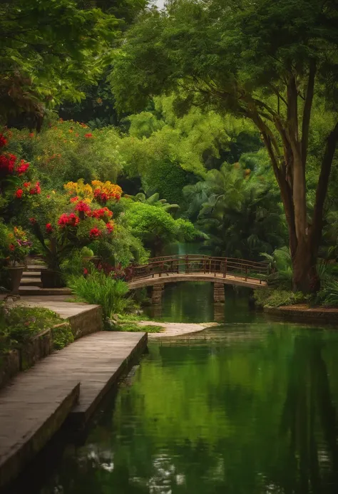 JARDIM DO EDEN VISTO ATRAVES DE UMA JANELA BEM FLORIDO COM UMA GRAMA VERDE E UM LAGO AO CENTRO