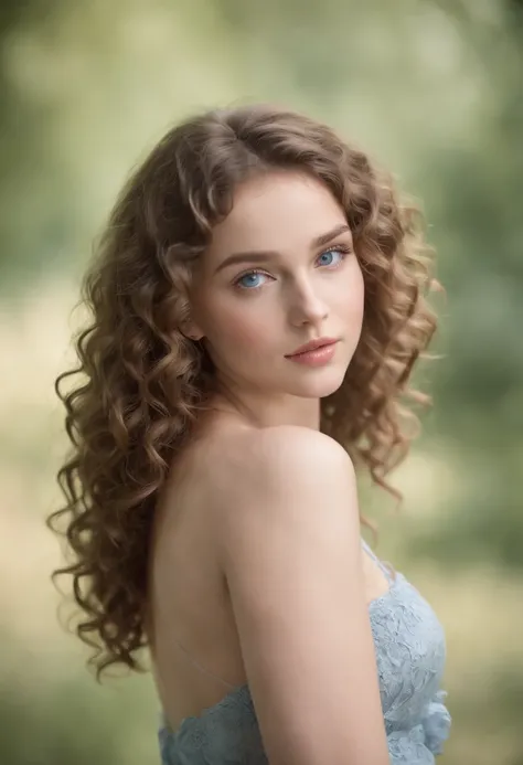 "Full body portrait of a charming girl with curly hair, petite figure, beautiful face, captivating blue eyes, and modest bust size, showcasing her natural beauty."