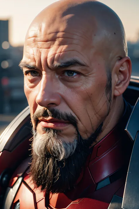 Marvel, Soon Iron Man, 50s, Realistically, Dynamic Lights, Old Man, Bald, short gray beard, Full Shot, (extremely detailed 8k CG unit wallpaper), Trending on ArtStation, Trending on CGSociety, high detailing, Focus Sharpening, Dramatic, Photorealistic