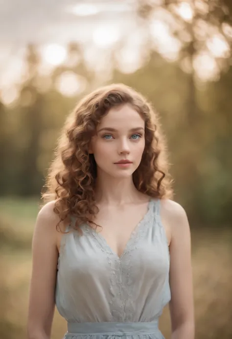 "Full body portrait of a charming girl with curly hair, petite figure, beautiful face, captivating blue eyes, and modest bust size, showcasing her natural beauty."