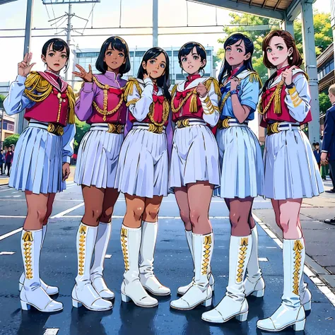 Four girls in uniform taking pictures with their coats, 8K)), magic uniform university, 🚿🗝📝, 8K!!, 8K!, tokusatsu, toei, SSAO 8 K, JK Uniform, captured on canon eos r 6, White uniform, Seifuku, by Sailor Moon, 🐝👗👾