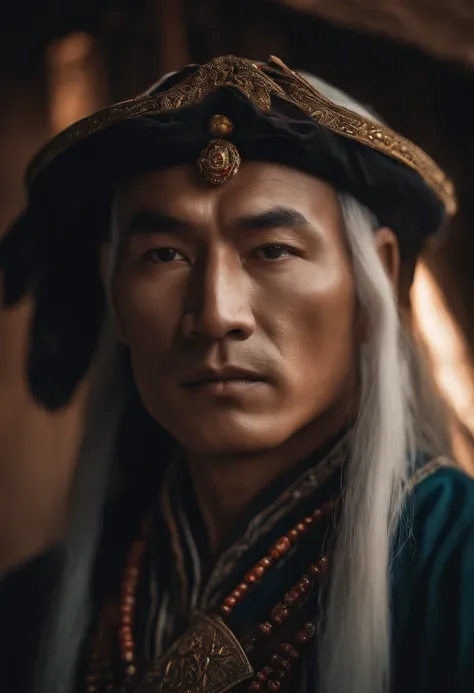 foto realista de Gengis Khan, clear facial features, fechar retrato, Cinematic mode, 8k