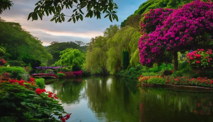 JARDIM DO EDEN VISTO ATRAVES DE UMA JANELA BEM FLORIDO COM UMA GRAMA VERDE E UM LAGO AO CENTRO