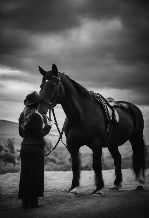 fille chat en train de sucer un cheval noir et blanc