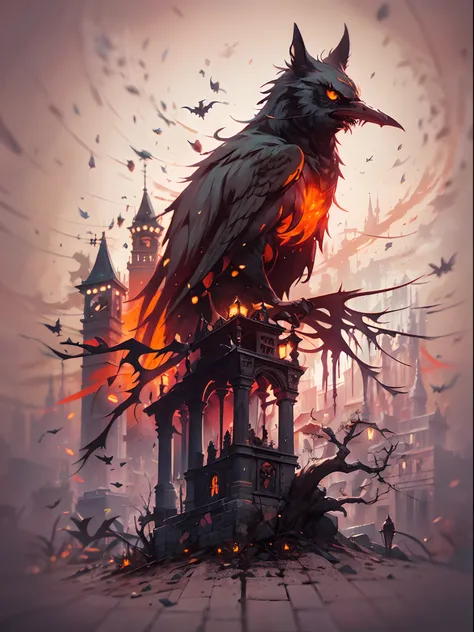 Silueta de un cazador en la ciudad de Yanan, transmitido por la sangre, ojos brillantes, T-shirt design, Dark Magic Splash, Gothic, halloween, degradado naranja quemado, magica, naturaleza, fondo limpio, Magic splash, arte vectorial 3D, fantasy art, Efecto...