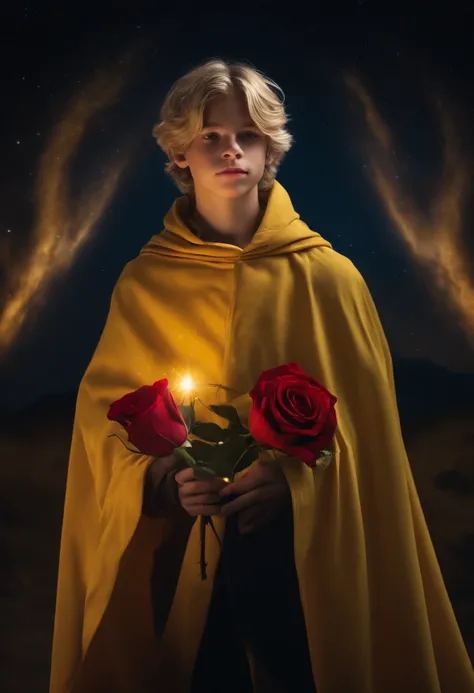 Prince boy of 15 years old with blond hair in a yellow cloak with a star trail holding a red rose in his hands against the background of a starry sky.