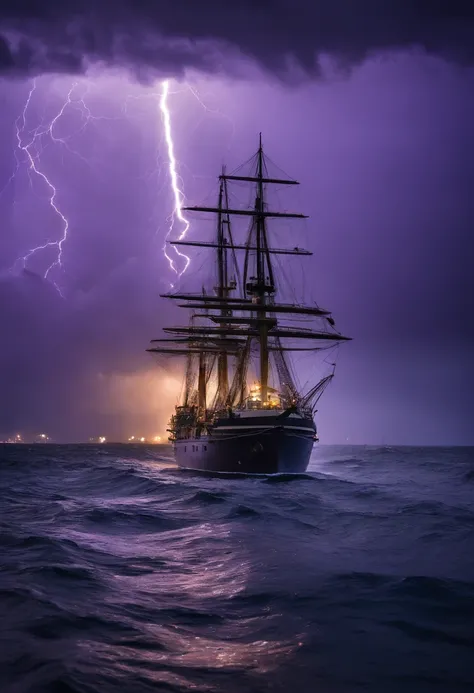 Naval battles under heavy rains，The background is a waterspout，and purple thunderbolts in the distance