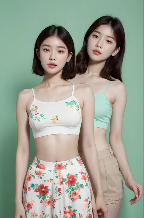 a woman in a floral crop top and mint skirt posing for a picture, croptop, crop top, bralette, wearing white camisole, bae suzy, wearing a camisole, physical : tinyest midriff ever, gorgeous young korean woman, heonhwa choe, cutecore, lulu chen, reluvy5213