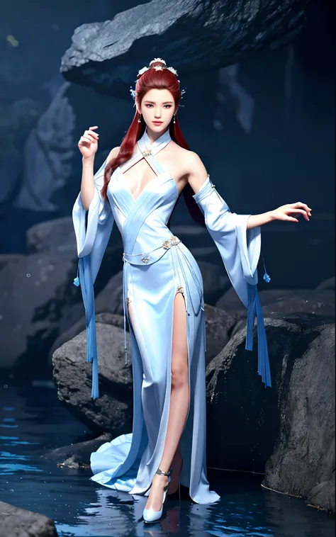 a close up of a woman in a blue dress with a white dress, full body xianxia, inspired by Lan Ying, inspired by Li Mei-shu, inspired by Qiu Ying, inspired by Li Tang, upon body from head to thighs wuxia, game cg, xianxia, queen of the sea mu yanling, xianxi...