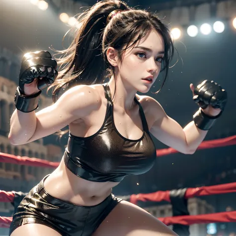 8k, best quality, masterpiece, realistic, real person, Unity 8k wallpaper, (1 girl) , Beautiful eyes, (Delicate face) , Perfect detail, (best lighting) , (Ultra complex details) , (boxing girl) , (sexy), sweat, heavy breathing, (oppressive aggression) , (b...