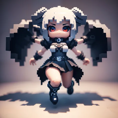 （3D Big Pixel Art）, （3D Pixel Art）,White background,Chibi,Large pixels,Necromancer girl chasing skeletons,（3ＤPixel art）,（3D Pixel Art）