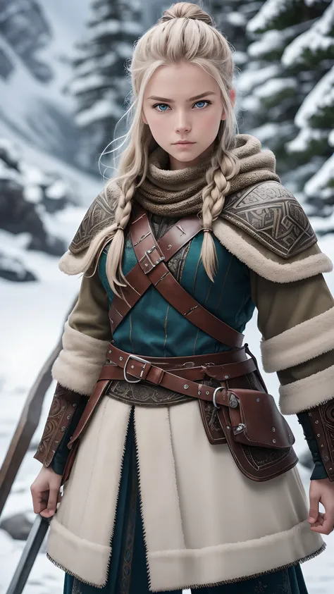 [full length portrait] [18-23 Years Old nordic female fashion model] [dressed like a viking Warriors style] [Bored expression on face][Photo taken in a mountainous and snowy landscape] [type of illumination: natural lighting], extremely realistic, 8k, insa...