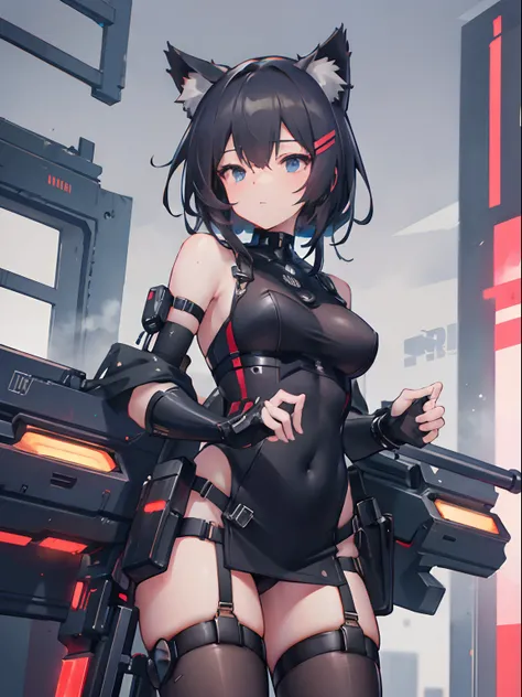 best quality, masterpiece, artstation, official art, 8k, high resolution, catgirl, cat ears, tactical, action shot, cinematic, depth of field, stockings, cyberpunk, cityscape