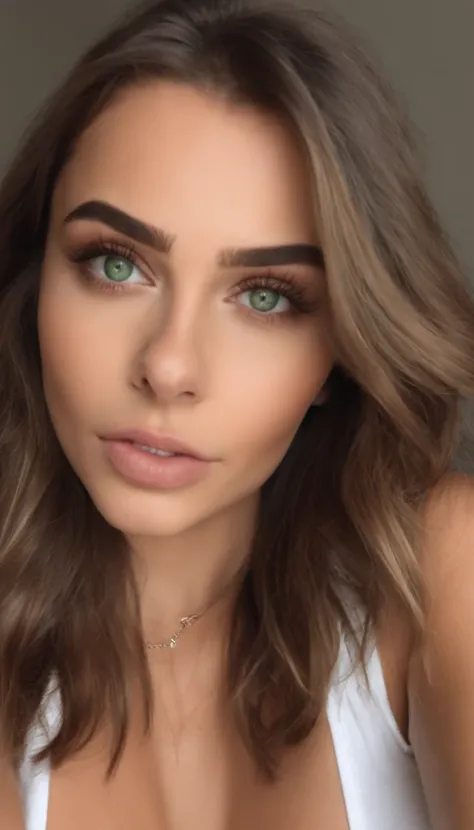 Arafed mujer con una camiseta blanca sin mangas y un collar, Chica sexy con ojos verdes, Retrato Sophie Mudd, brown hair and large eyes, selfie de una mujer joven, Camera eyes, Violeta Myers, Sin maquillaje, Maquillaje natural, staring directly into camera...