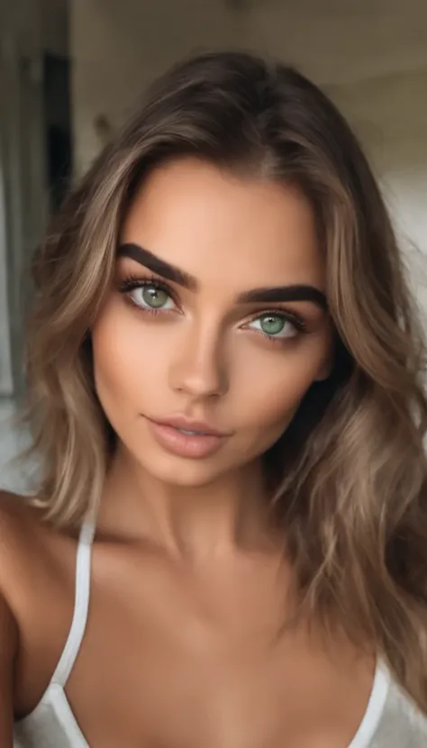 Arafed mujer con una camiseta blanca sin mangas y un collar, Chica sexy con ojos verdes, Retrato Sophie Mudd, brown hair and large eyes, selfie de una mujer joven, Camera eyes, Violeta Myers, Sin maquillaje, Maquillaje natural, staring directly into camera...